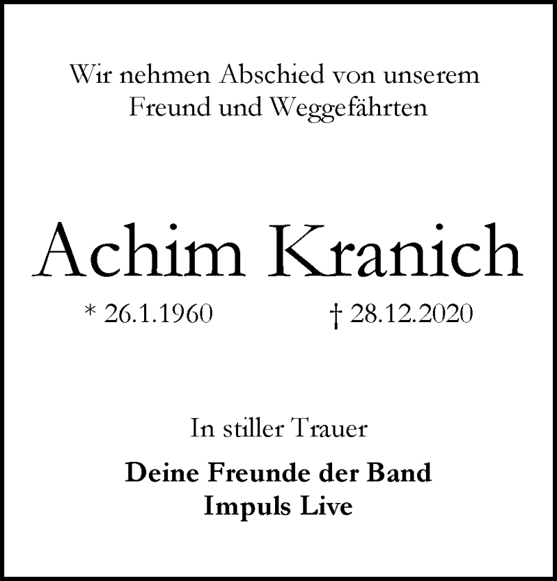Traueranzeige von Achim Kranich von WESER-KURIER