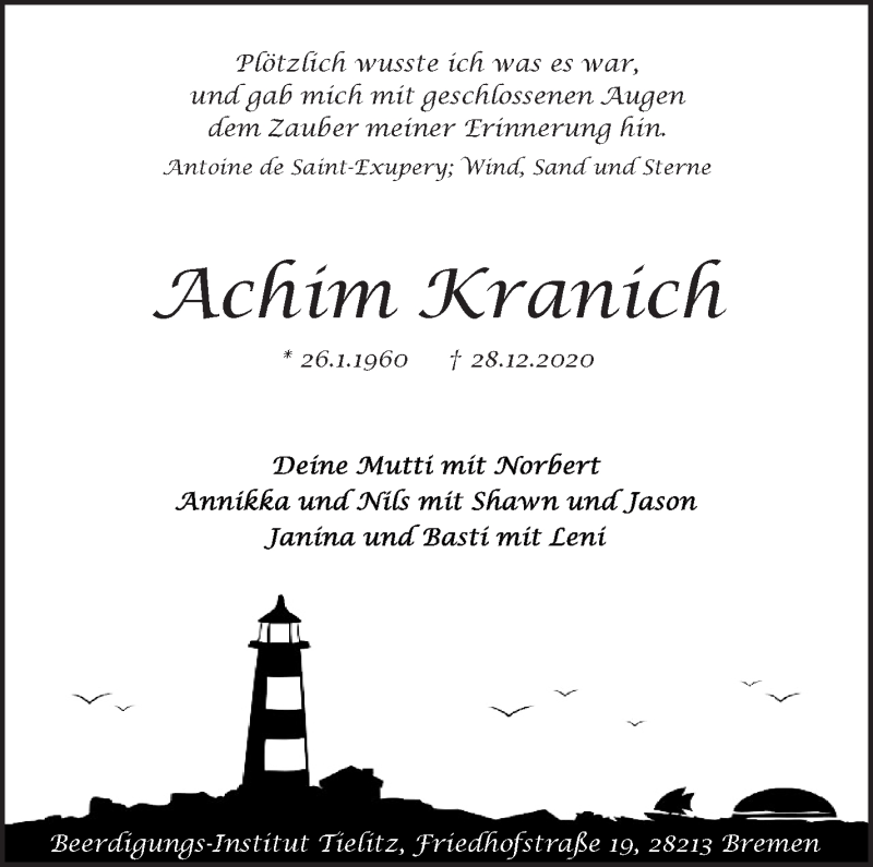 Traueranzeige von Achim Kranich von WESER-KURIER