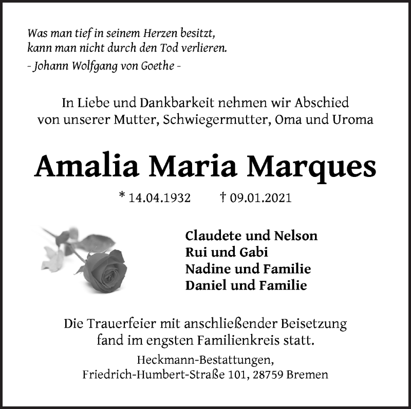 Traueranzeige von Amalia Maria Marques von Die Norddeutsche