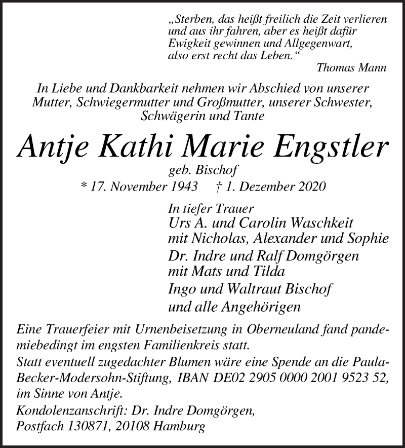 Traueranzeige von Antje Kathi Marie Engstler von WESER-KURIER