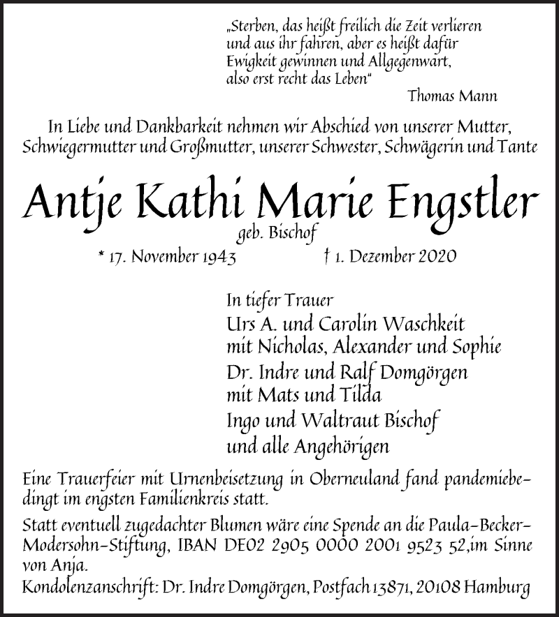 Traueranzeige von Antje Kathi Marie Engstler von WESER-KURIER