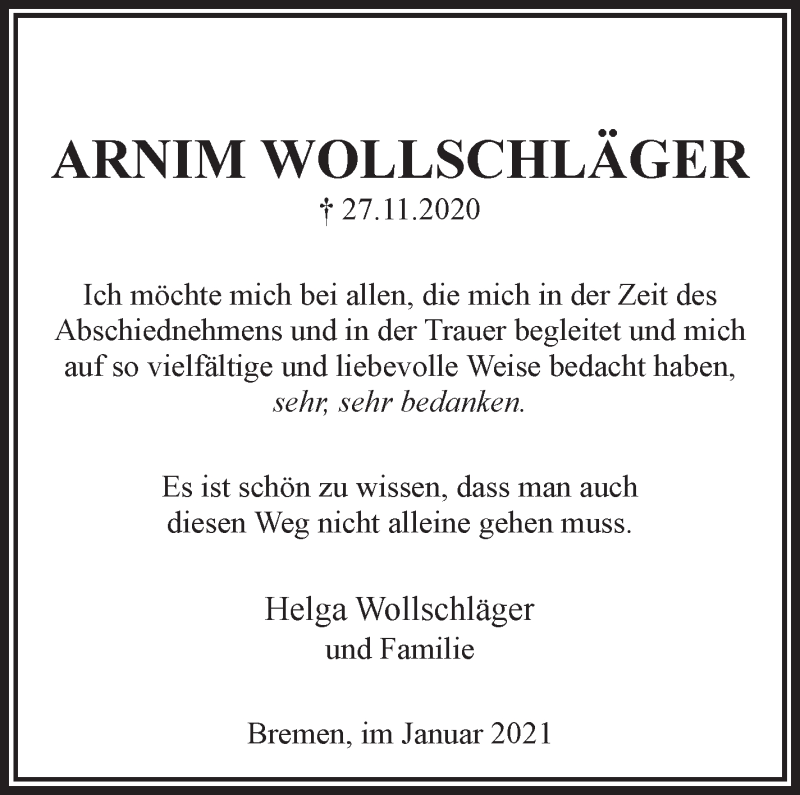 Traueranzeige von Arnim Wollschläger von WESER-KURIER