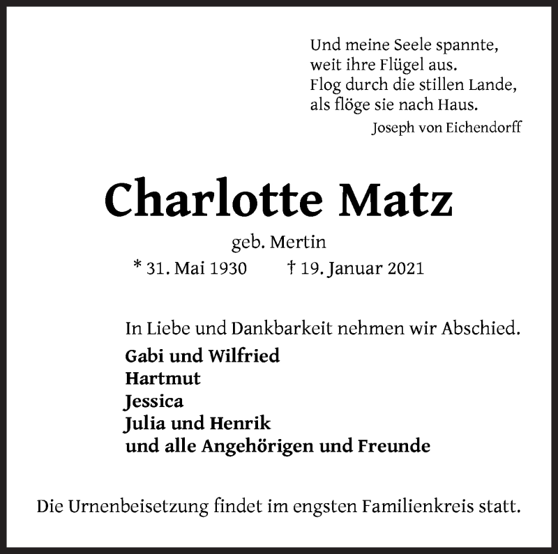 Traueranzeige von Charlotte Matz von Die Norddeutsche