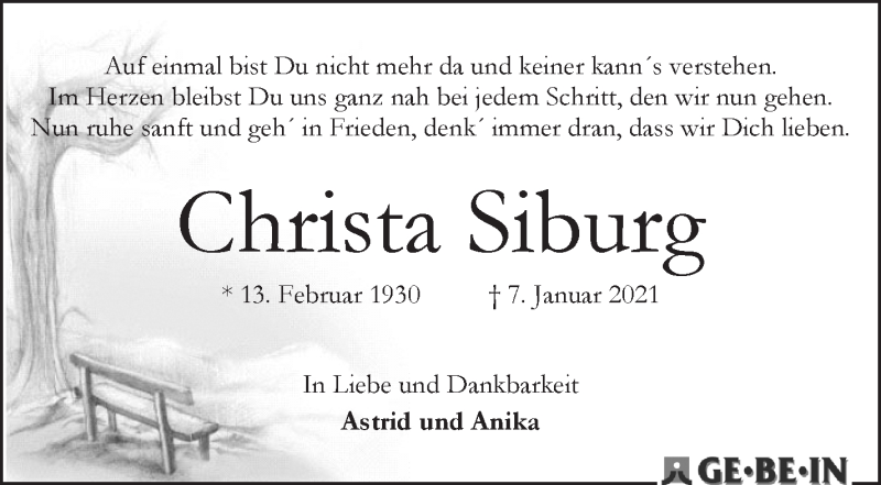 Traueranzeige von Christa Siburg von WESER-KURIER