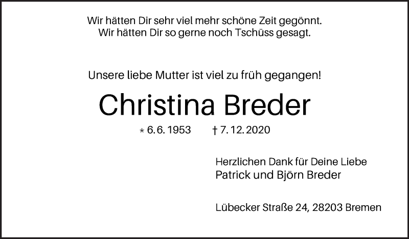 Traueranzeige von Christina Breder von WESER-KURIER