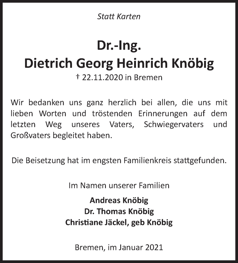 Traueranzeige von Dietrich Georg Heinrich Knöbig von WESER-KURIER