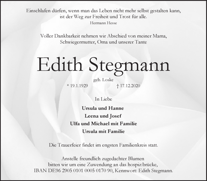 Traueranzeige von Edith Stegmann von WESER-KURIER