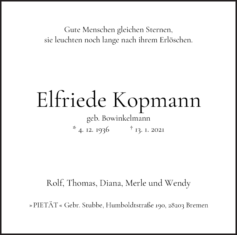 Traueranzeige von Elfriede Kopmann von WESER-KURIER