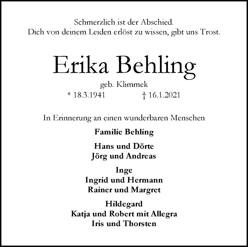 Traueranzeige von Erika Behling von WESER-KURIER