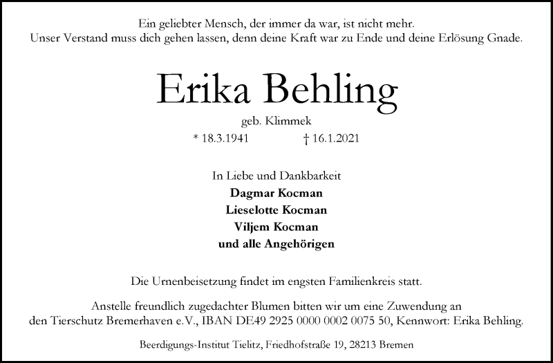 Traueranzeige von Erika Behling von WESER-KURIER