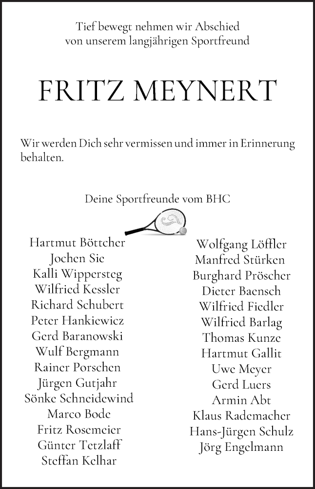 Traueranzeige von Fritz Meynert von WESER-KURIER