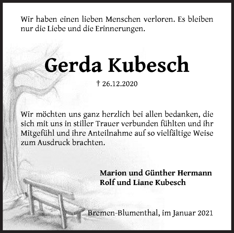 Traueranzeige von Gerda Kubesch von Die Norddeutsche