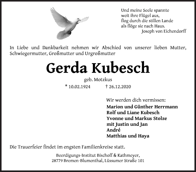 Traueranzeige von Gerda Kubesch von Die Norddeutsche