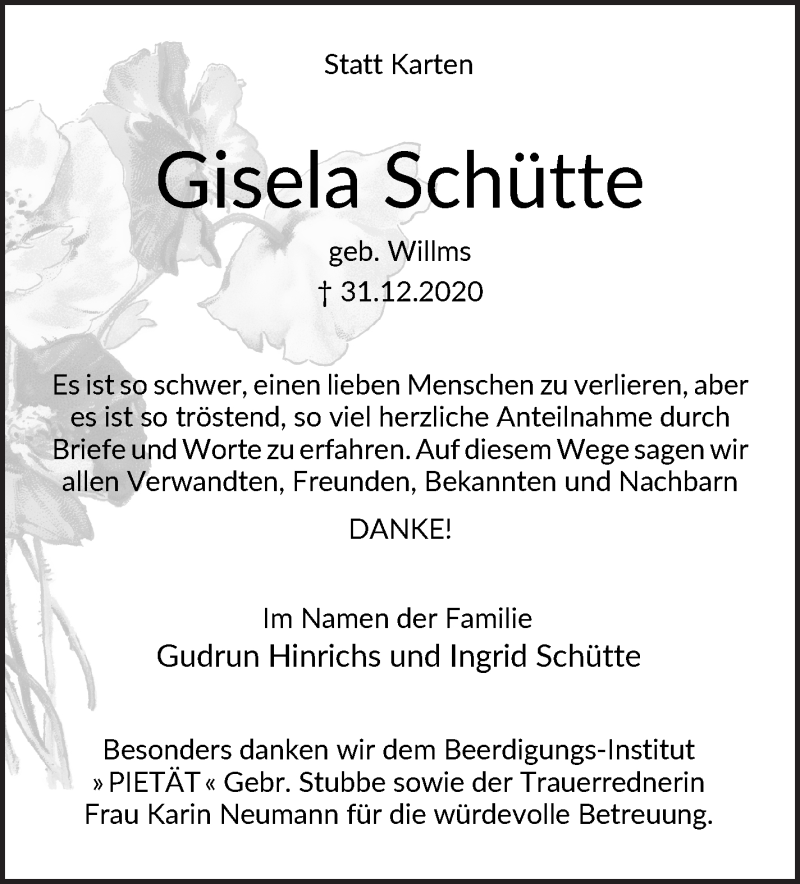 Traueranzeige von Gisela Schütte von WESER-KURIER