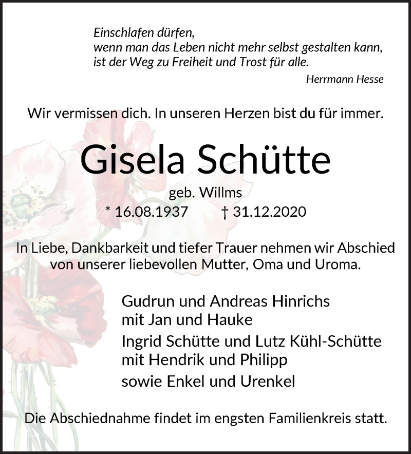 Traueranzeige von Gisela Schütte von WESER-KURIER