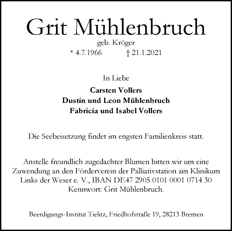 Traueranzeige von Grit Mühlenbruch von WESER-KURIER