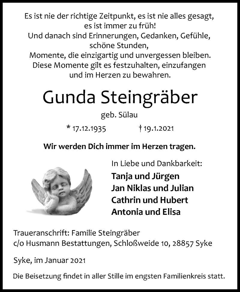Traueranzeige von Gunda Steingräber von WESER-KURIER