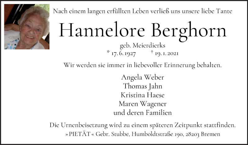 Traueranzeige von Hannelore Berghorn von WESER-KURIER
