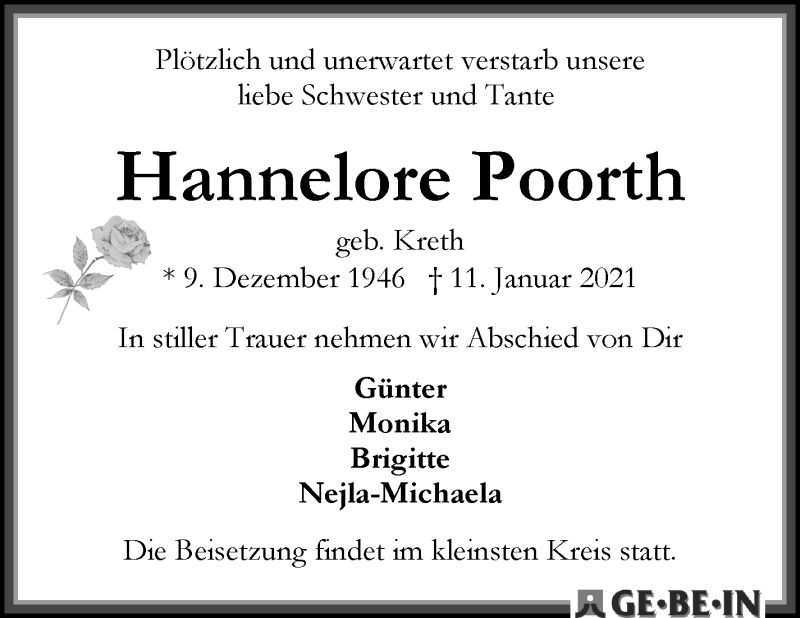 Traueranzeige von Hannelore Poorth von WESER-KURIER