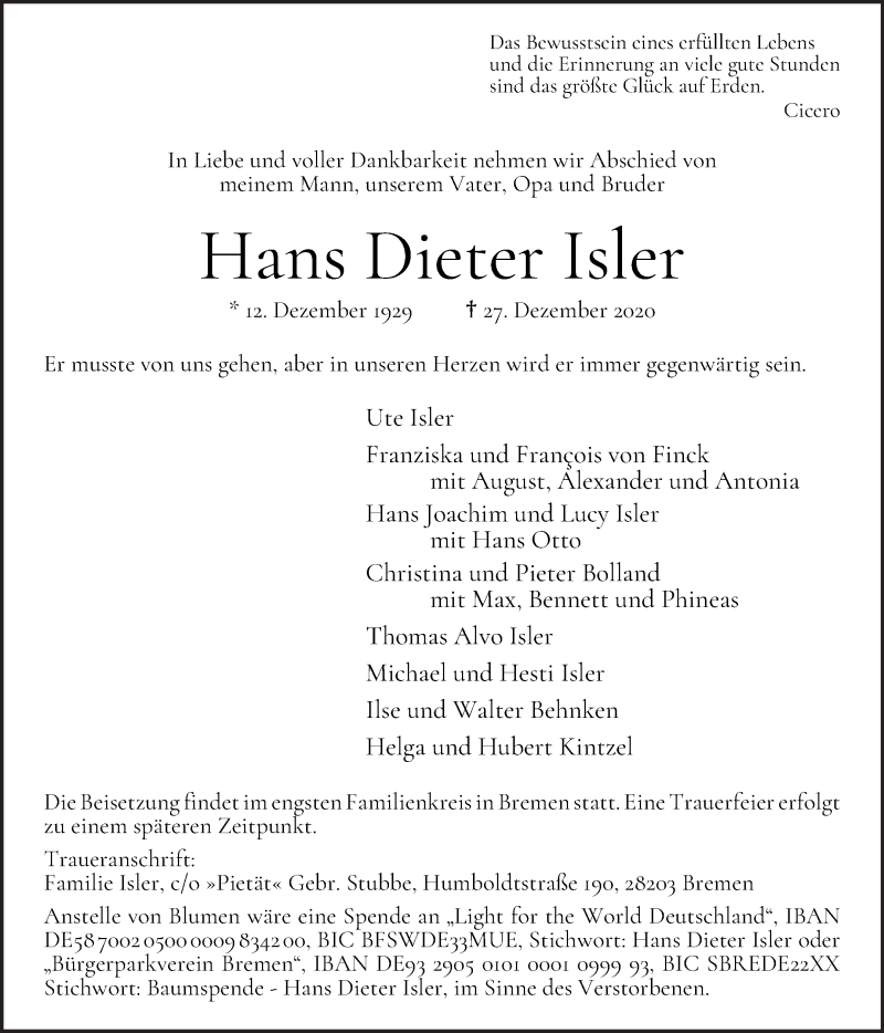 Traueranzeige von Hans Dieter Isler von WESER-KURIER