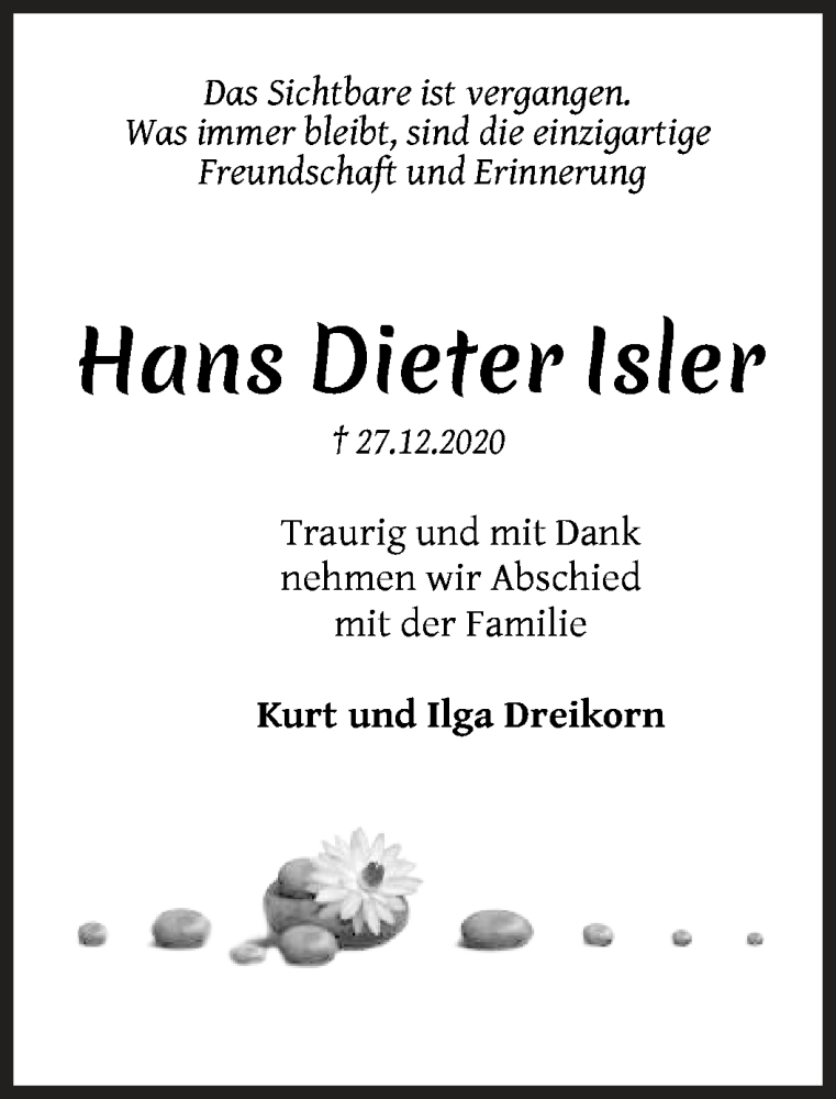 Traueranzeige von Hans Dieter Isler von WESER-KURIER