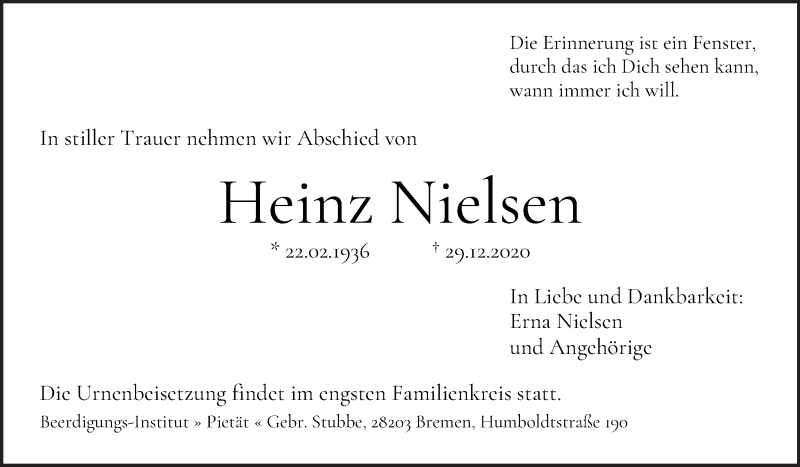 Traueranzeige von Heinz Nielsen von WESER-KURIER