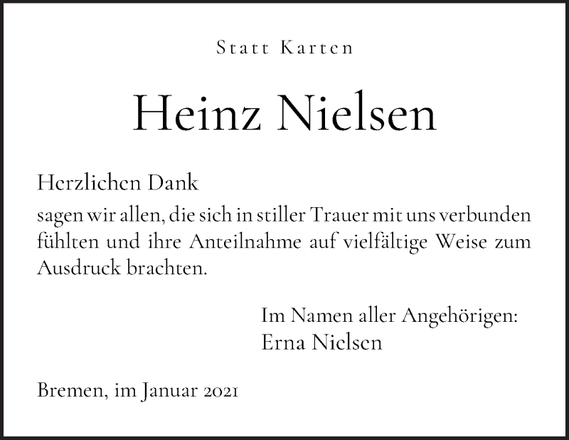 Traueranzeige von Heinz Nielsen von WESER-KURIER