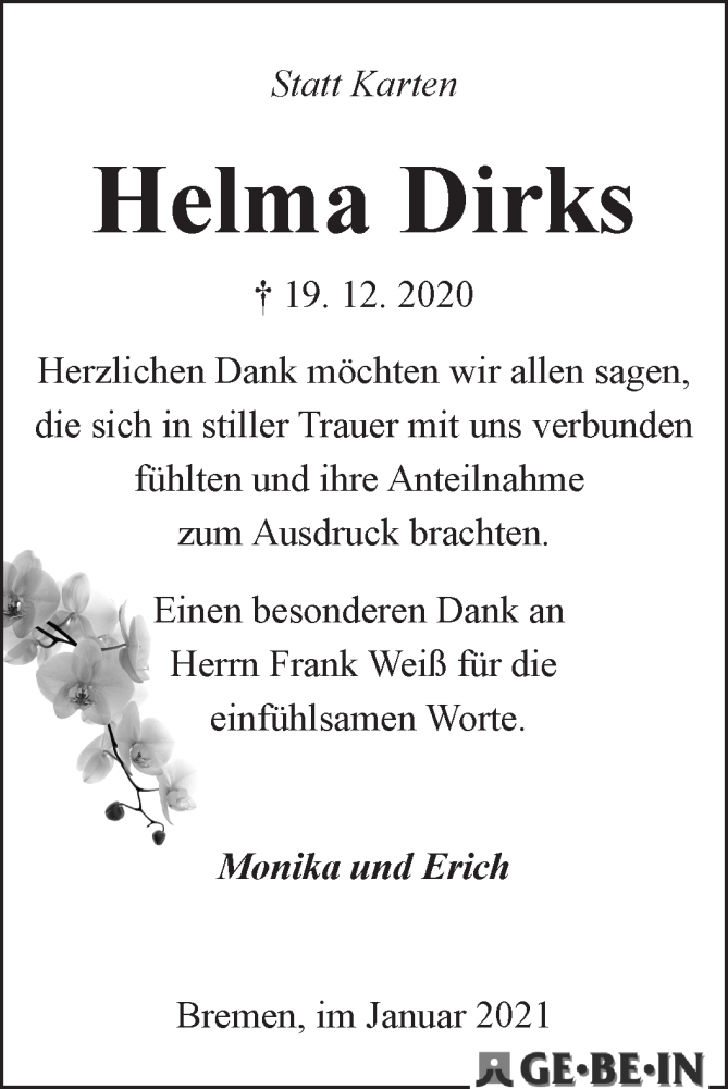 Traueranzeige von Helma Dirks von WESER-KURIER