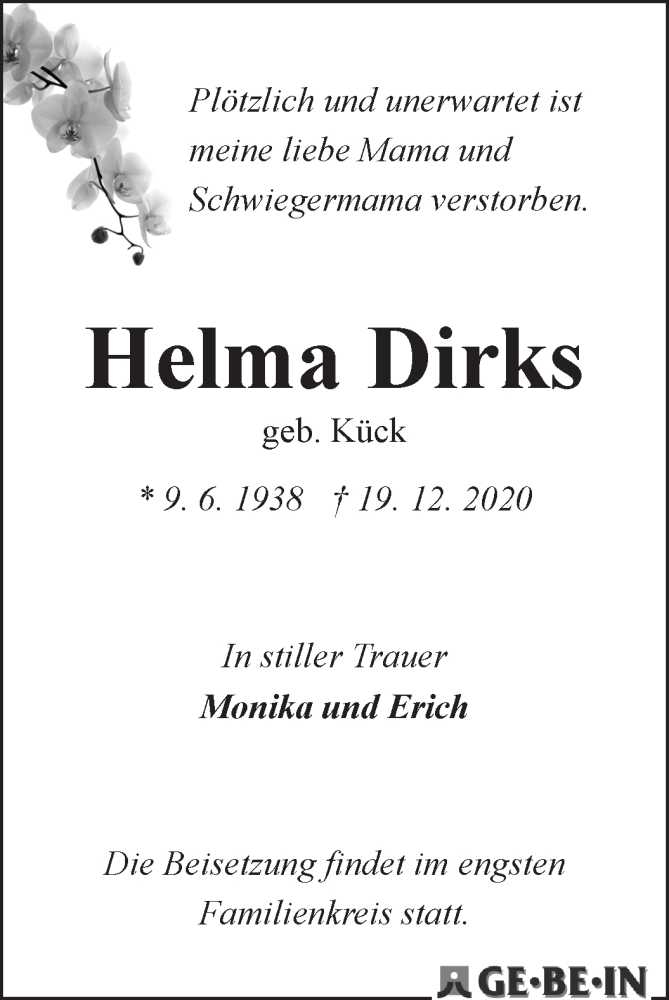 Traueranzeige von Helma Dirks von WESER-KURIER