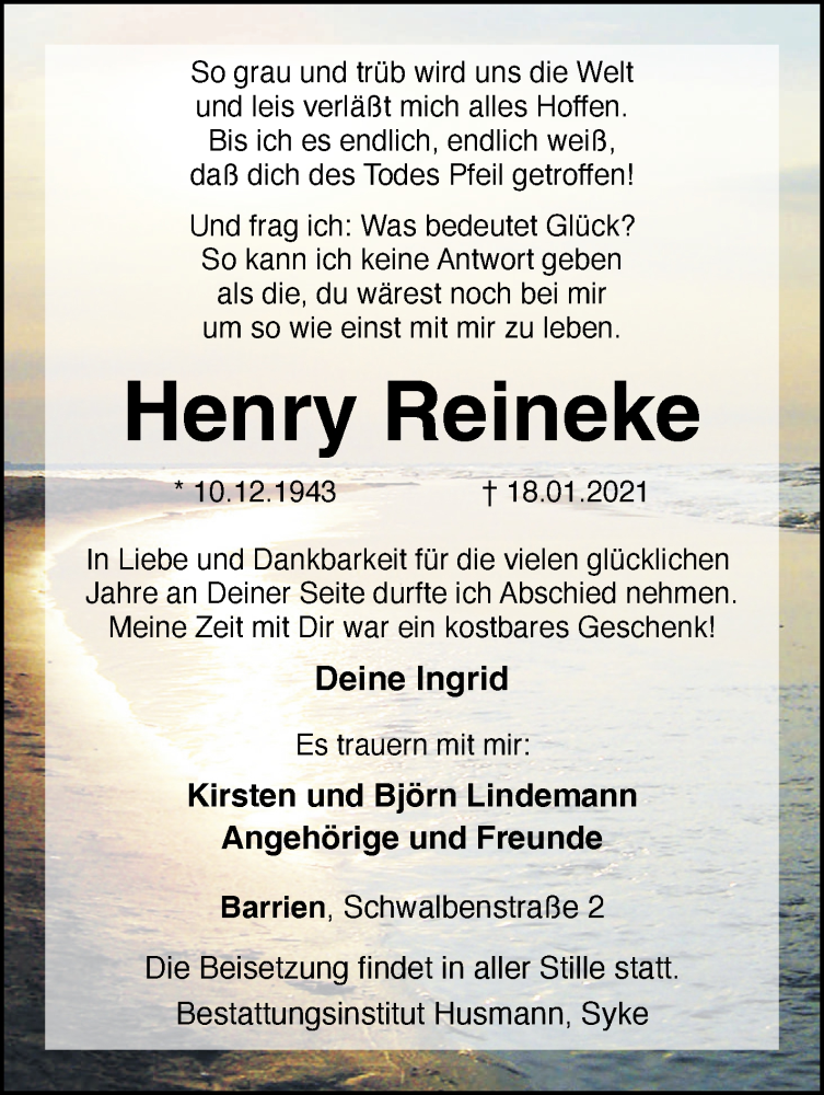 Traueranzeige von Henry Reineke von Regionale Rundschau/Syker Kurier