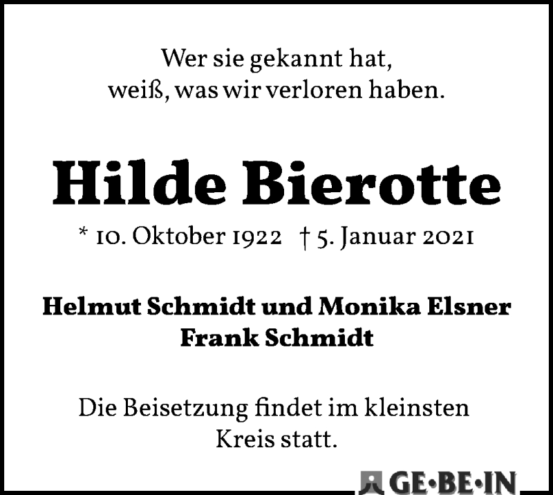 Traueranzeige von Hildegard Bierotte von WESER-KURIER
