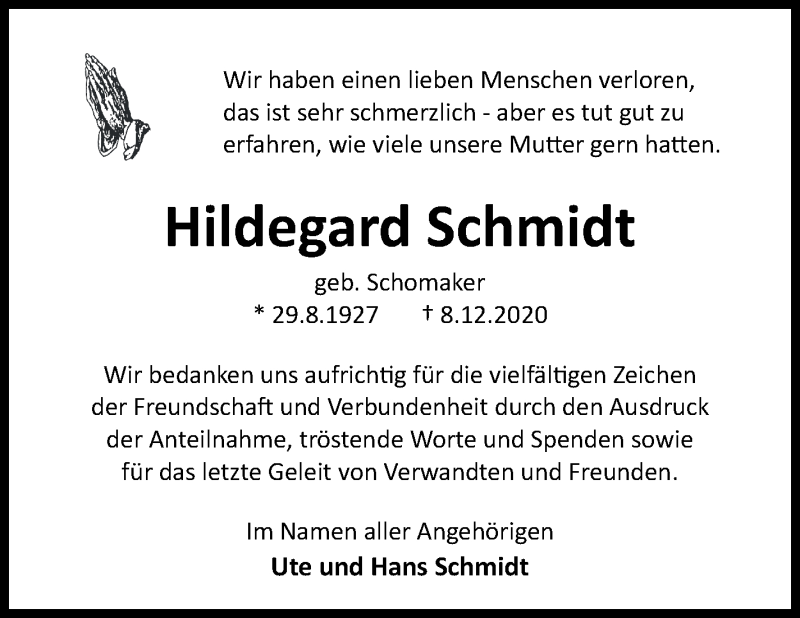 Traueranzeige von Hildegard Schmidt von WESER-KURIER