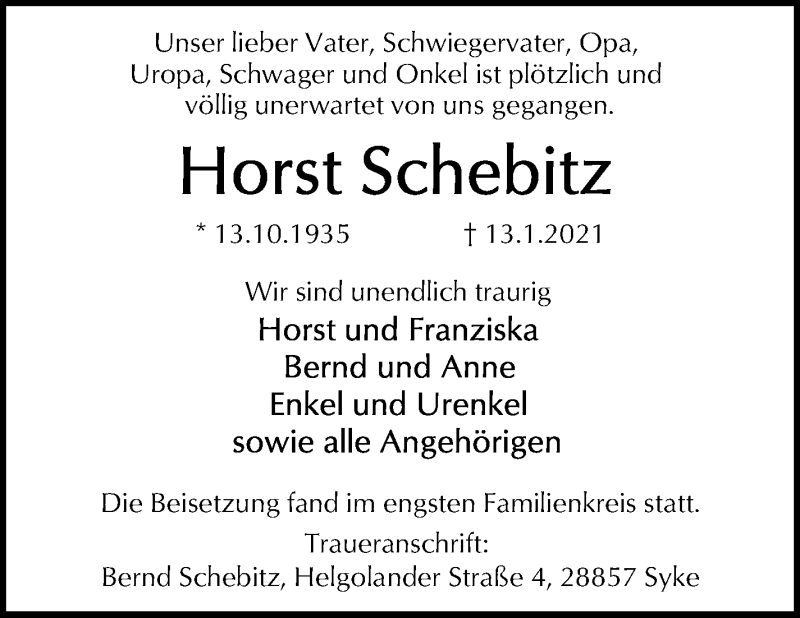 Traueranzeige von Horst Schebitz von WESER-KURIER