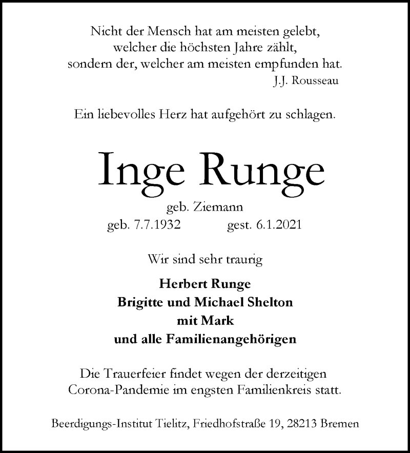 Traueranzeige von Inge Runge von WESER-KURIER