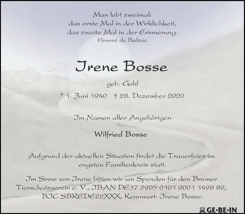 Traueranzeige von Irene Bosse von WESER-KURIER