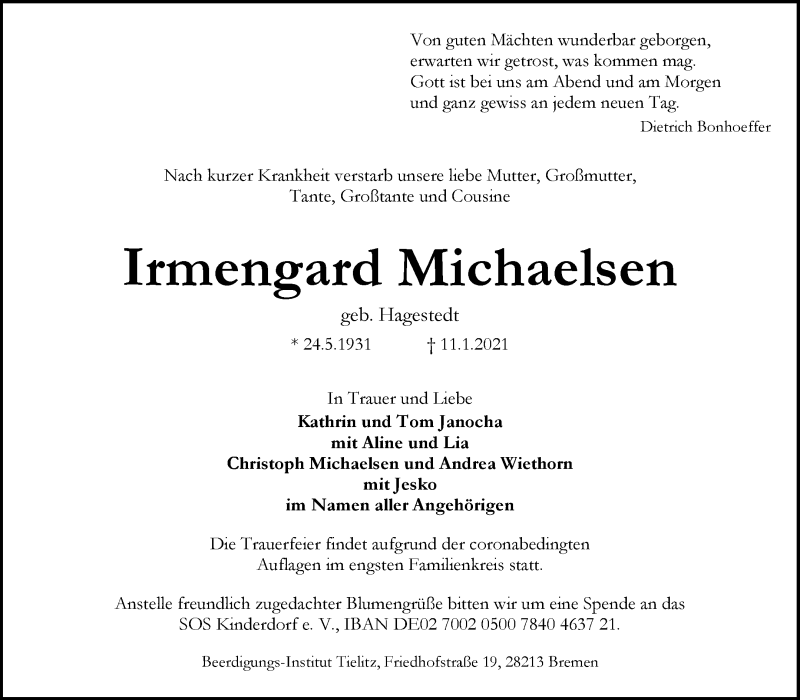 Traueranzeige von Irmengard Michaelsen von WESER-KURIER