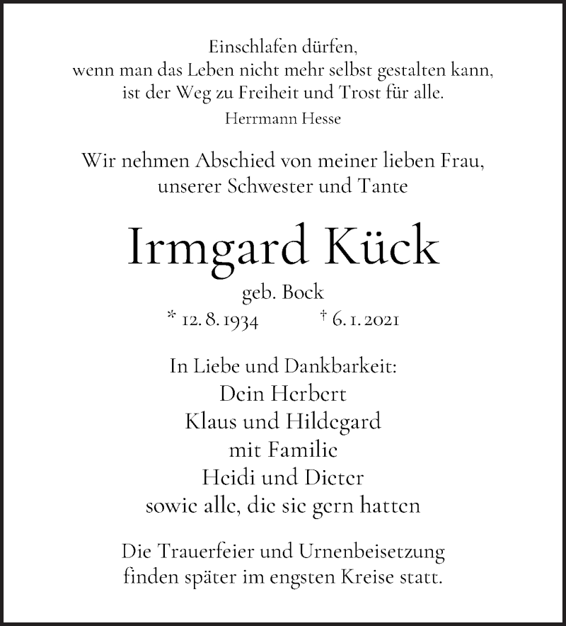Traueranzeige von Irmgard Kück von WESER-KURIER