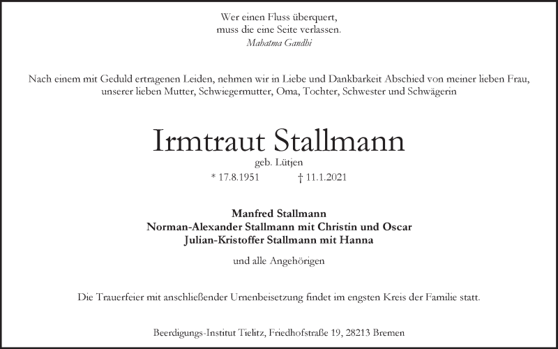 Traueranzeige von Irmtraut Stallmann von WESER-KURIER