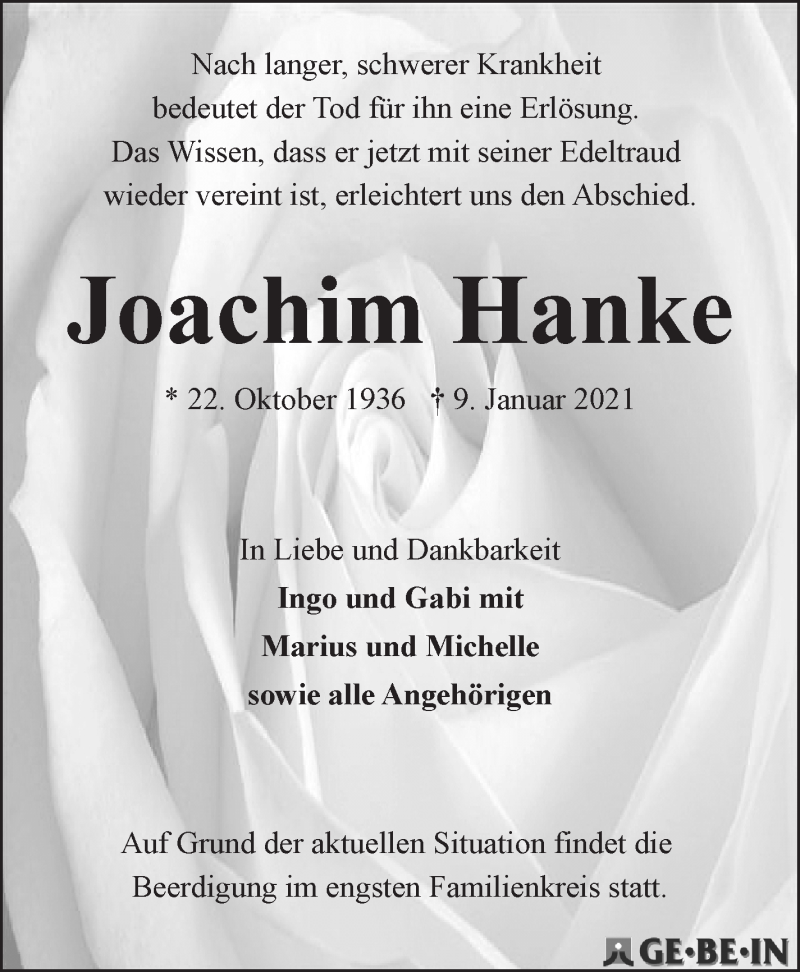 Traueranzeige von Joachim Hanke von WESER-KURIER