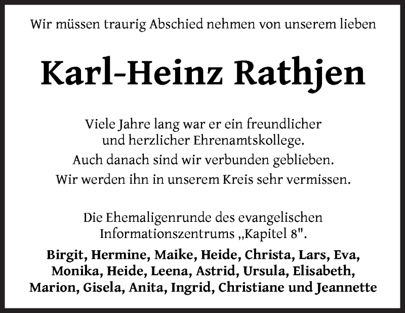 Traueranzeige von Karl-Heinz Rathjen von WESER-KURIER