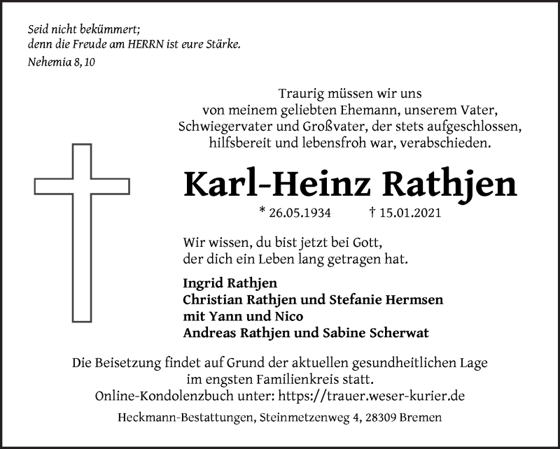 Traueranzeige von Karl-Heinz Rathjen von WESER-KURIER