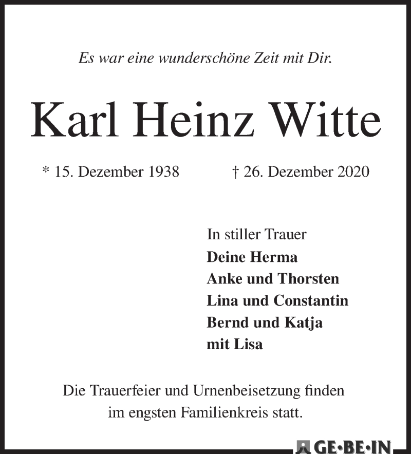 Traueranzeige von Karl Heinz Witte von WESER-KURIER
