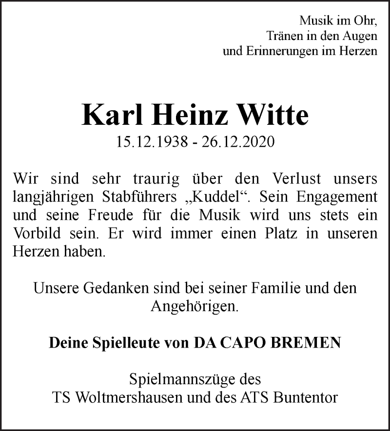 Traueranzeige von Karl Heinz Witte von WESER-KURIER