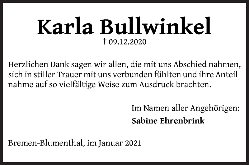 Traueranzeige von Karla Bullwinkel von Die Norddeutsche