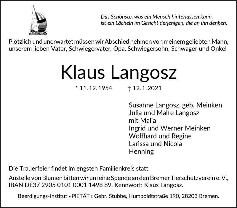 Traueranzeige von Klaus Langosz von WESER-KURIER
