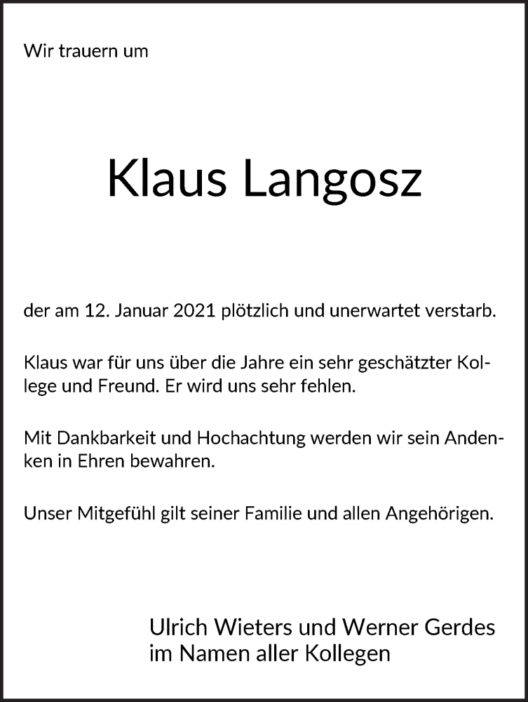 Traueranzeige von Klaus Langosz von WESER-KURIER