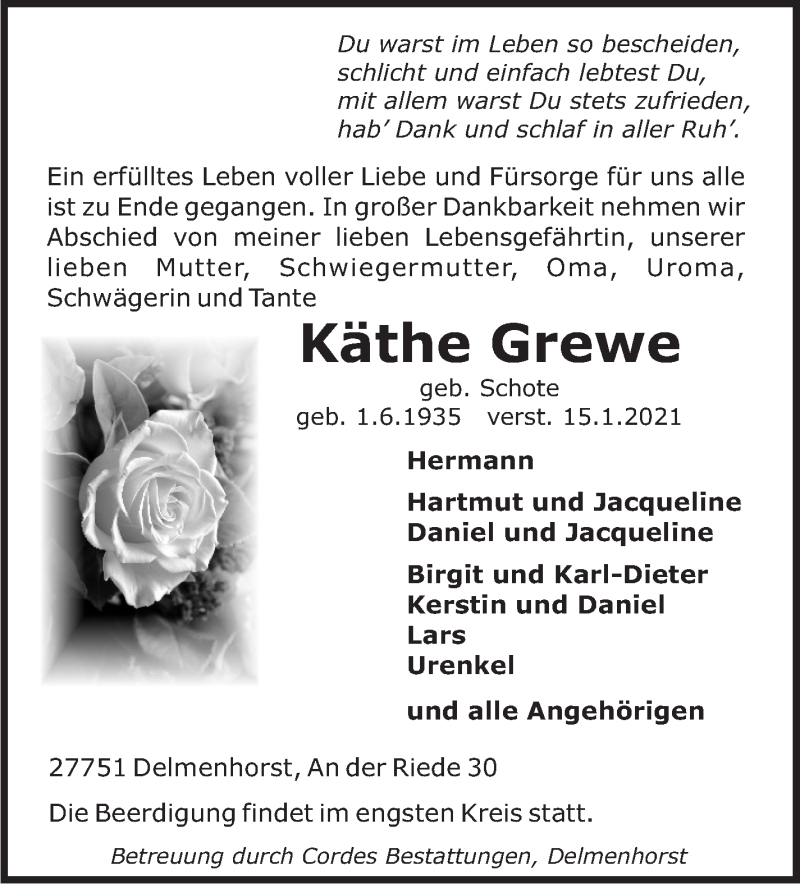 Traueranzeige von Käthe Grewe von WESER-KURIER
