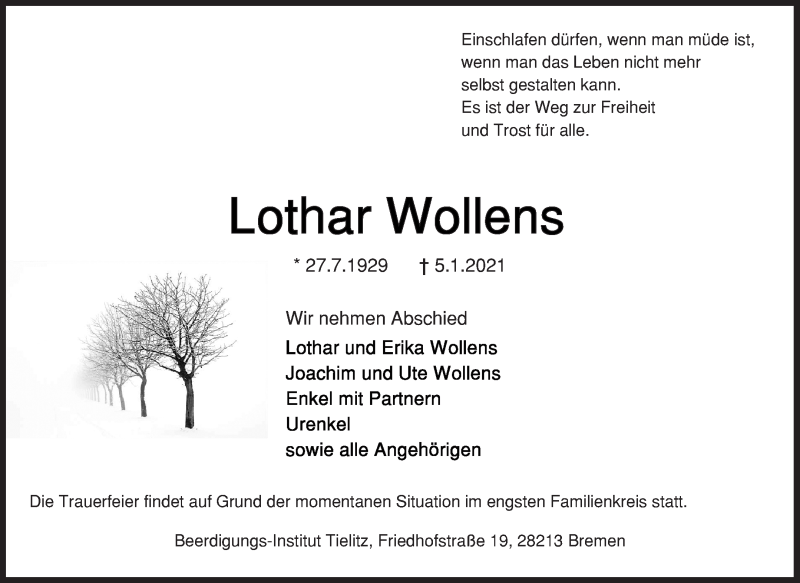 Traueranzeige von Lothar Wollens von WESER-KURIER