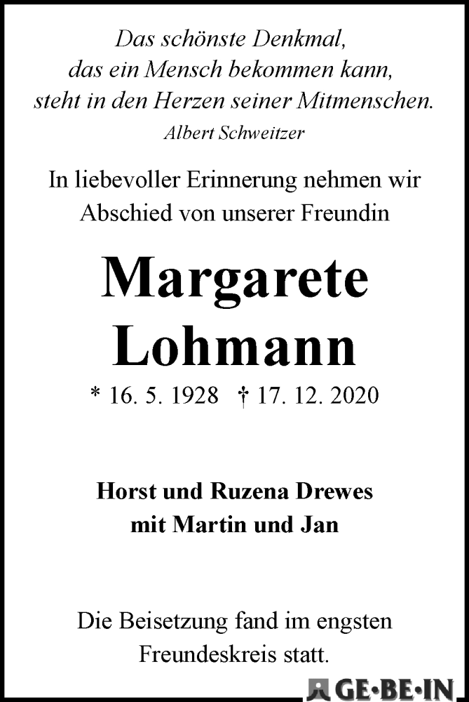 Traueranzeige von Margarete Lohmann von WESER-KURIER