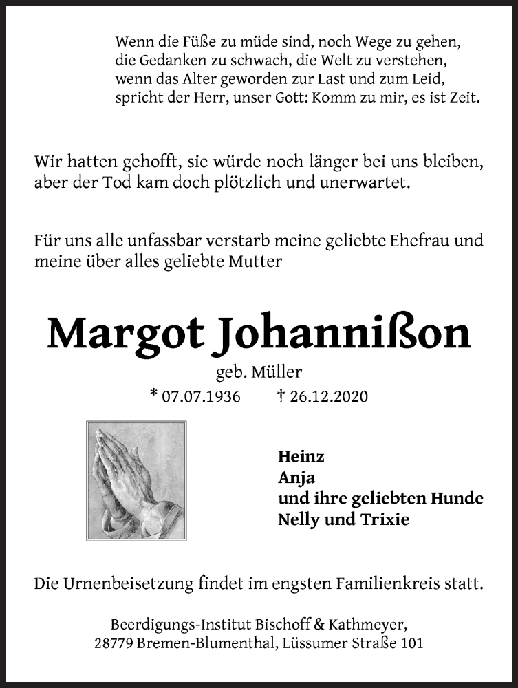 Traueranzeige von Margot Johannißon von Die Norddeutsche